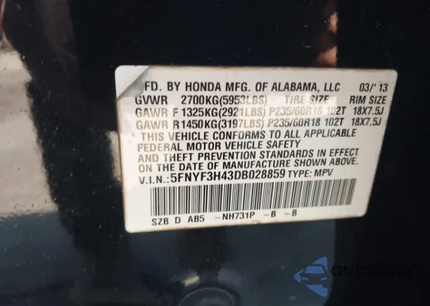 2013 Honda Pilot Ex из США, поврежденный, VIN 5FNYF3H43DB028859